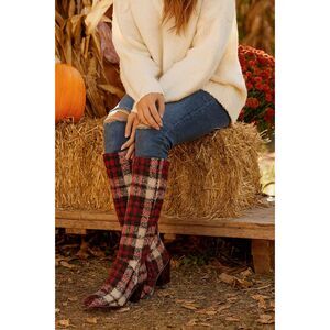 Jessica Simpson Ravyn Plaid Knee High Boots Red Black White Check Pattern Size 5